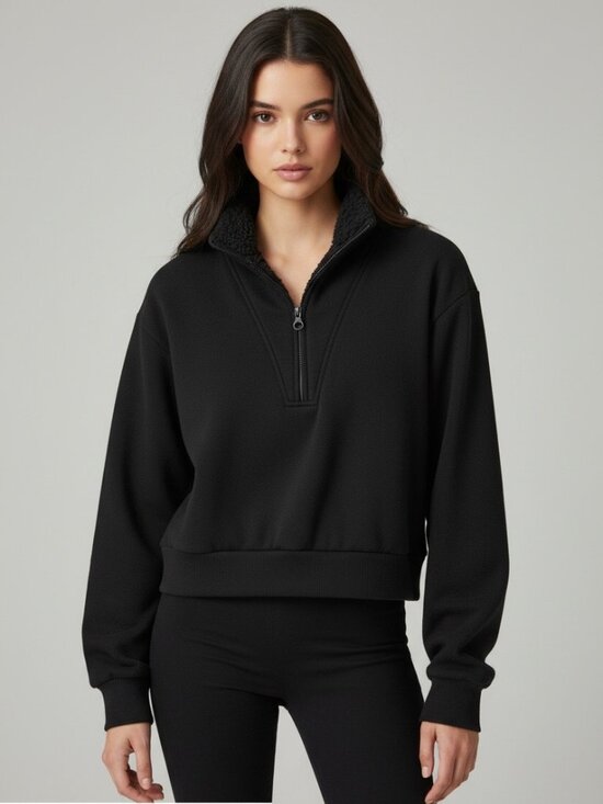 Victoria's Secret Sweaters - Victoria's Secret Black Sherpa Collar Half Zip Cropped Sweatshirt S Fleece Cozy